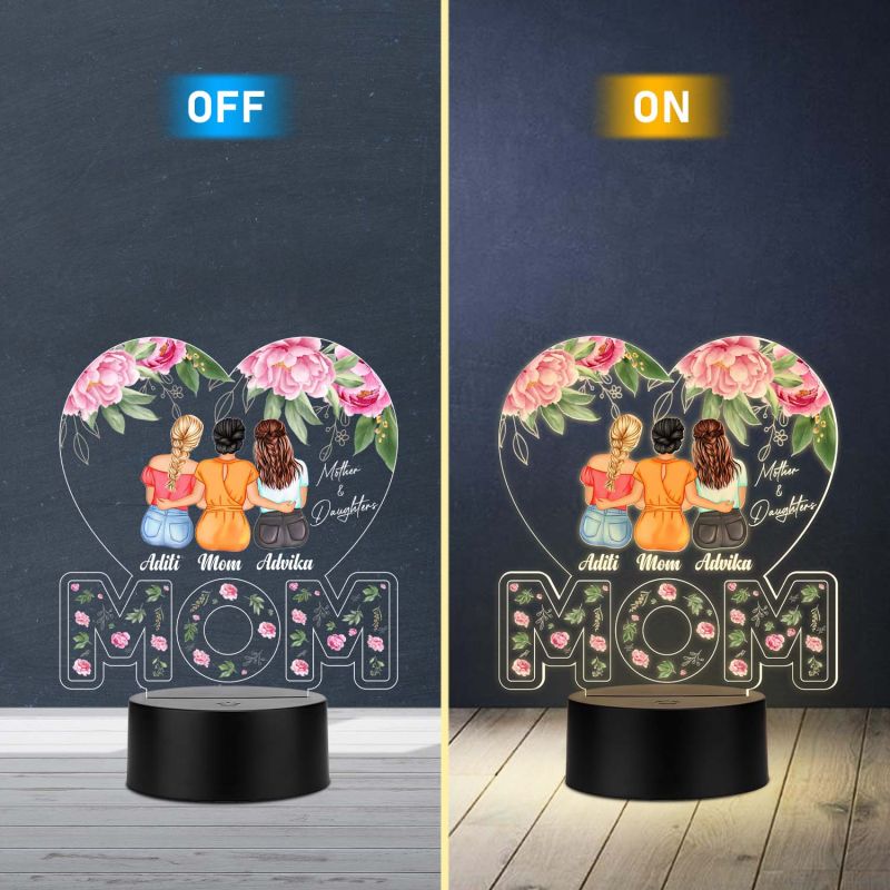 Personalized Mom with Two Daughters Acrylic LED Lamp with UV Print – Warm White Night Light Mother’s Day Gift